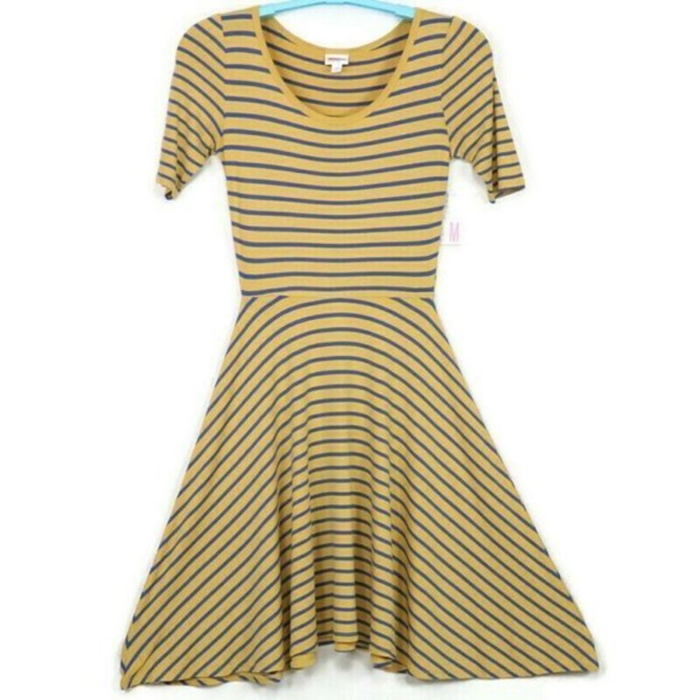 LuLaRoe Nicole Fit &‎ Flare A-Line Dress Mustard Yellow Blue Striped M Medium
